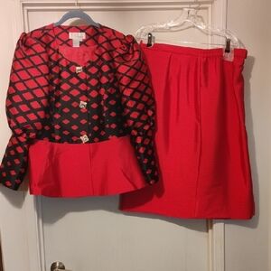 Chic Women's Red and Black Blazer and Skirt Set